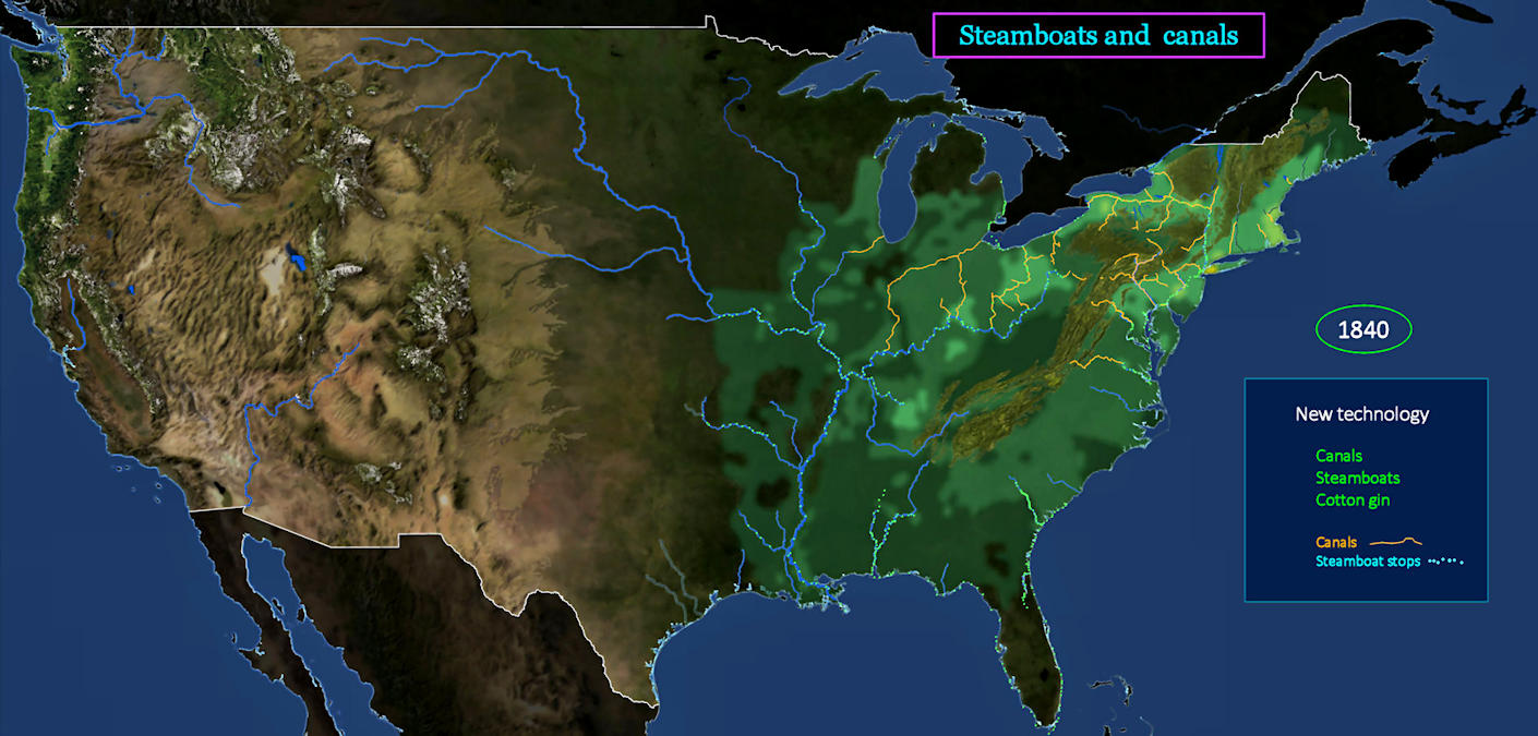 Steamboats and canals, 1840 map